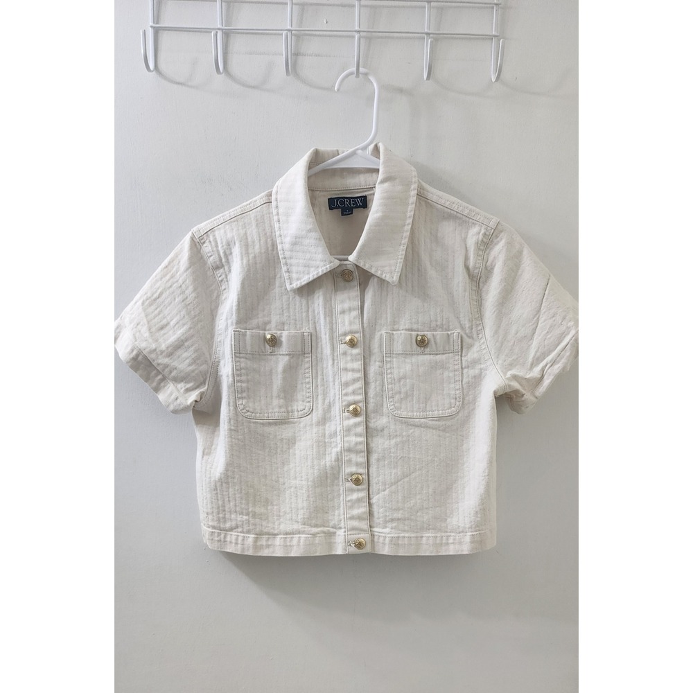 J.Crew Women Ivory Cream Denim Cropped Short Sleeve Button Down Shirt Size 4